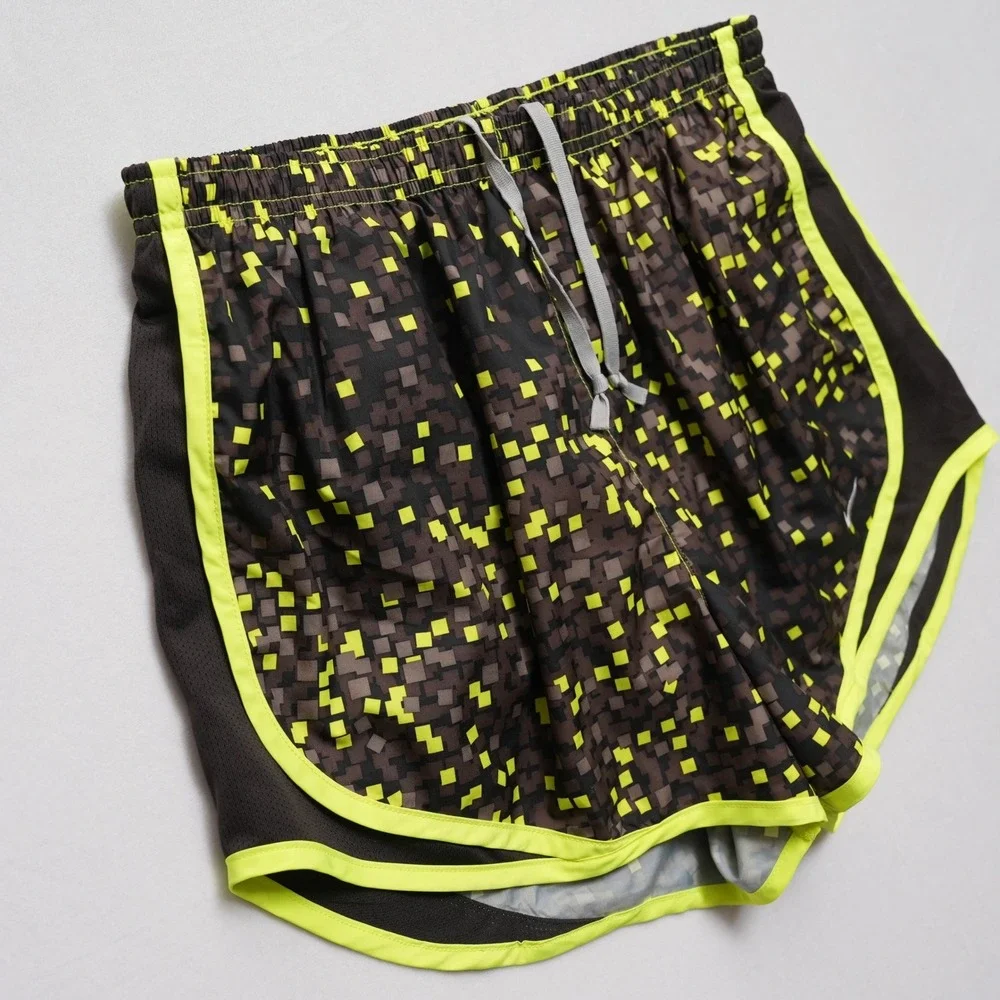Nike Dri-Fit Running Shorts Women‎ M Brown Yellow Digital Pixel Print Drawstring